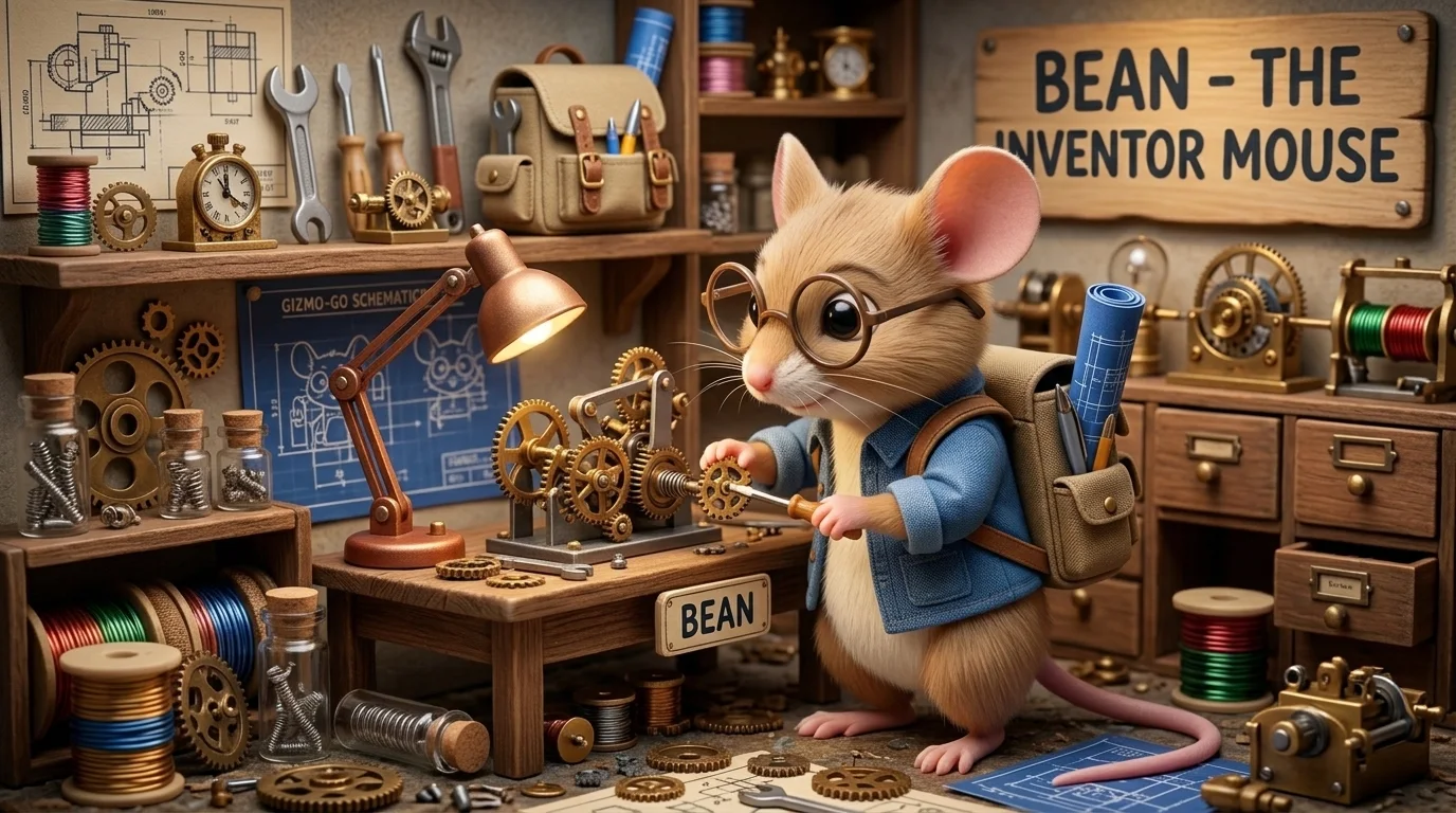Bean, a tan mouse with round glasses, blue jacket and backpack, exploring gears in his workshop.